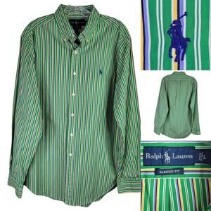 Polo Ralph Lauren Oxford Shirt Men's Large Green Stripe Long Sleeve Button Down